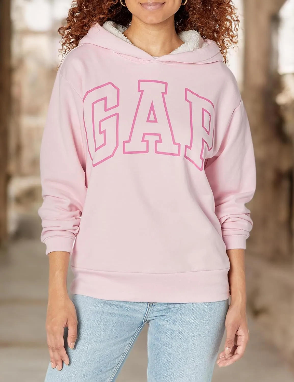 GAP Women's Logo Sherpa Lined Hooded Sweatshirt