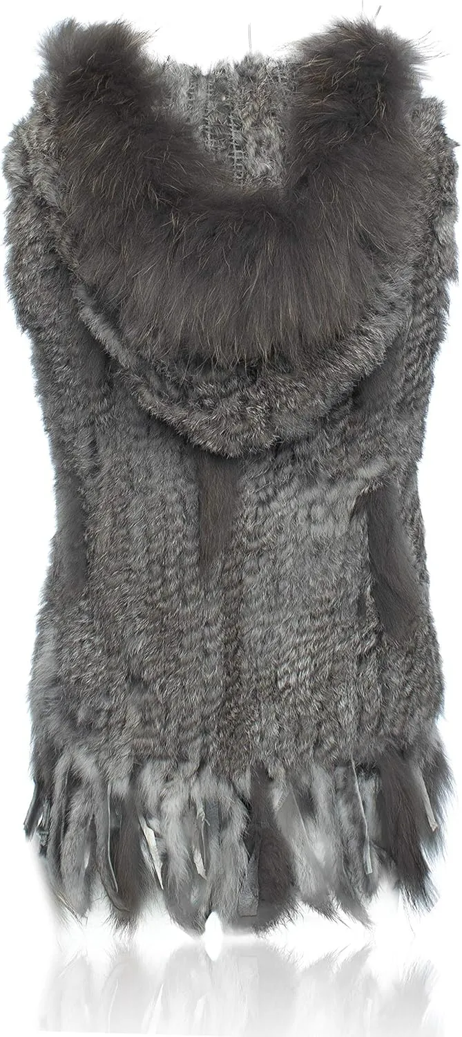 Genuine Rabbit Fur Coat for Women With Raccoon Trim Collar, Hooded Vest, Soft and Comfortable