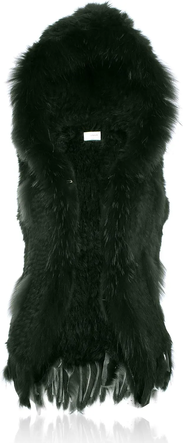 Genuine Rabbit Fur Coat for Women With Raccoon Trim Collar, Hooded Vest, Soft and Comfortable
