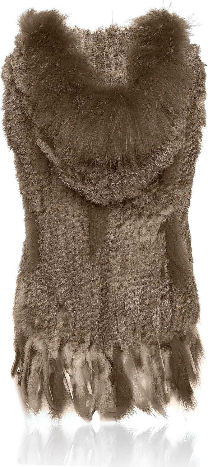 Genuine Rabbit Fur Coat for Women With Raccoon Trim Collar, Hooded Vest, Soft and Comfortable