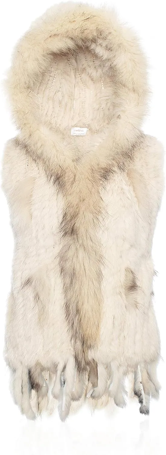 Genuine Rabbit Fur Coat for Women With Raccoon Trim Collar, Hooded Vest, Soft and Comfortable