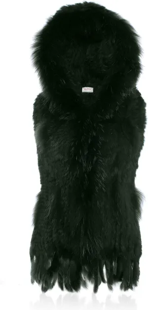 Genuine Rabbit Fur Coat for Women With Raccoon Trim Collar, Hooded Vest, Soft and Comfortable