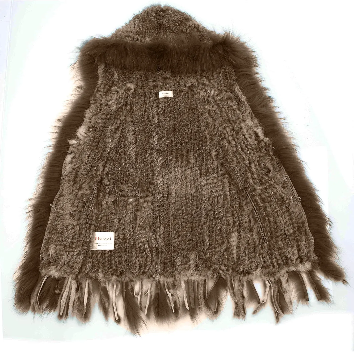 Genuine Rabbit Fur Coat for Women With Raccoon Trim Collar, Hooded Vest, Soft and Comfortable