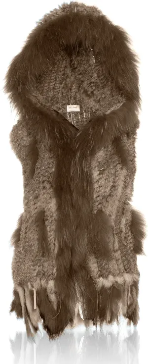 Genuine Rabbit Fur Coat for Women With Raccoon Trim Collar, Hooded Vest, Soft and Comfortable
