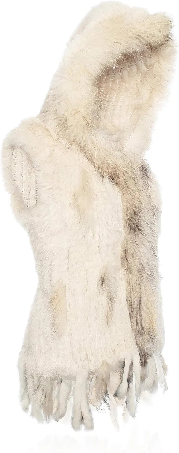 Genuine Rabbit Fur Coat for Women With Raccoon Trim Collar, Hooded Vest, Soft and Comfortable