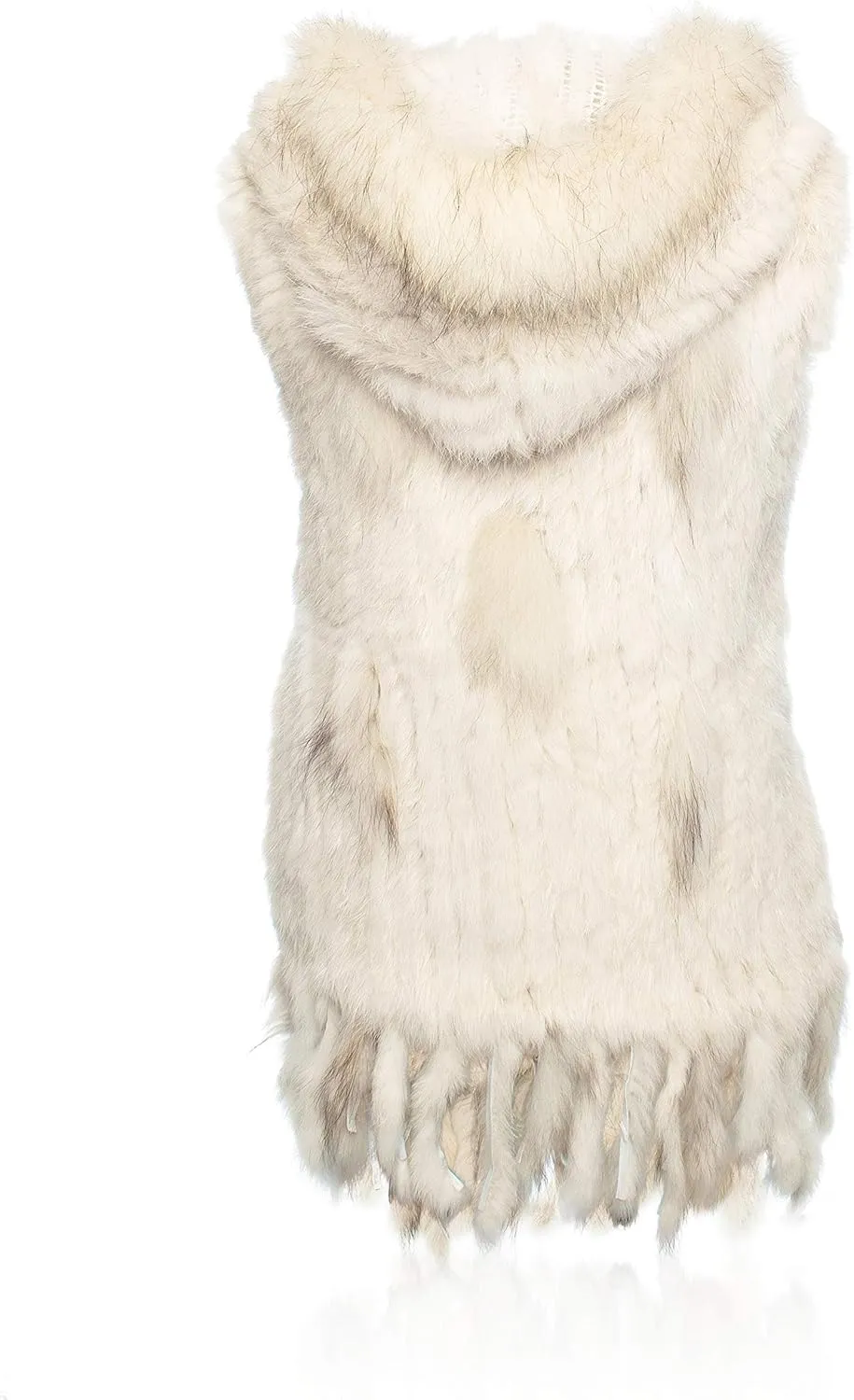 Genuine Rabbit Fur Coat for Women With Raccoon Trim Collar, Hooded Vest, Soft and Comfortable