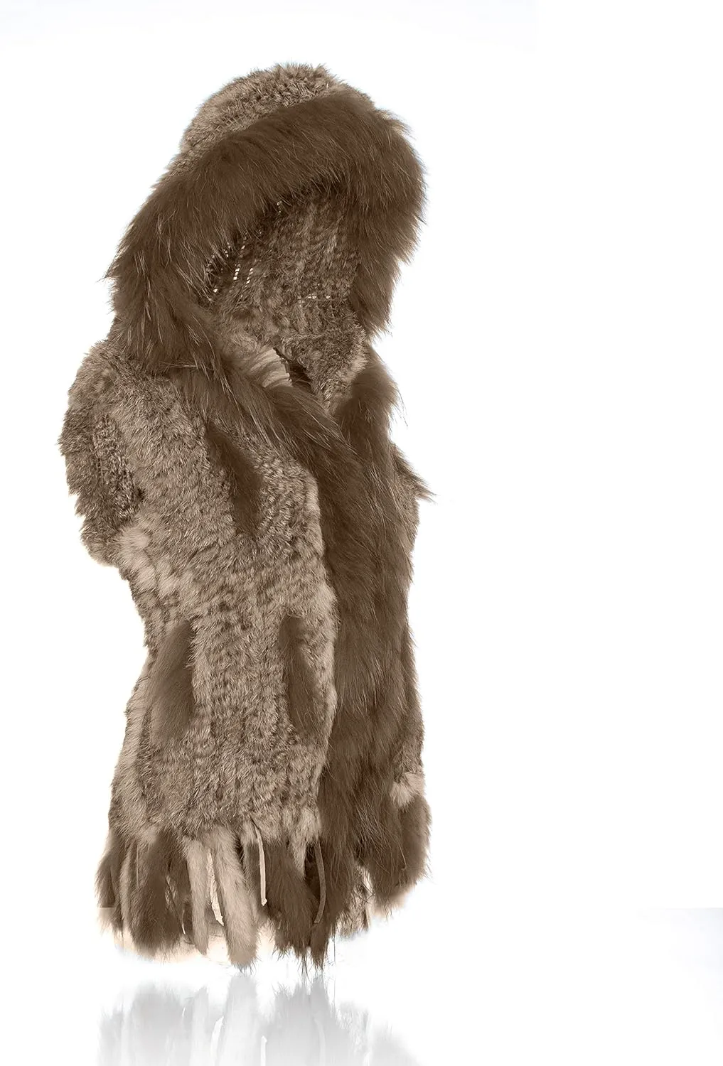 Genuine Rabbit Fur Coat for Women With Raccoon Trim Collar, Hooded Vest, Soft and Comfortable