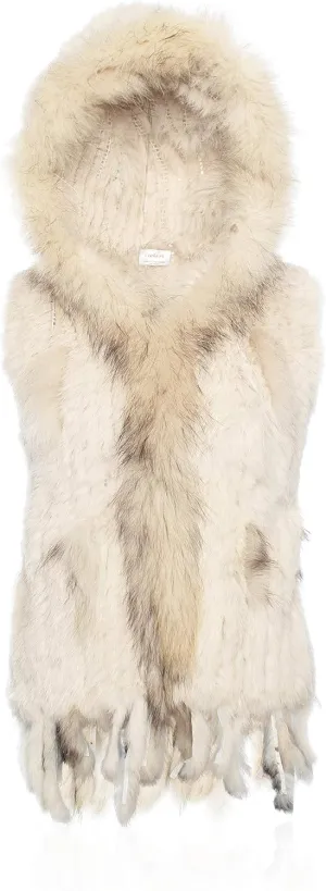 Genuine Rabbit Fur Coat for Women With Raccoon Trim Collar, Hooded Vest, Soft and Comfortable
