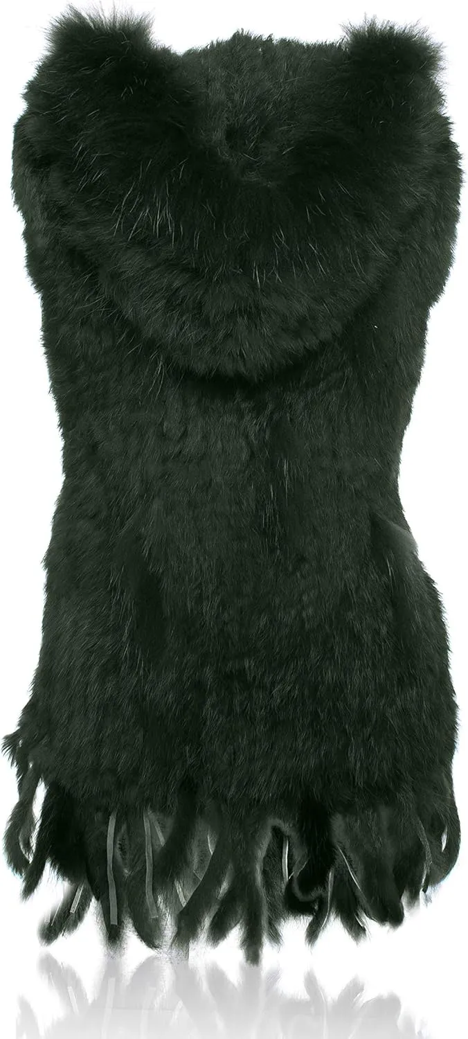 Genuine Rabbit Fur Coat for Women With Raccoon Trim Collar, Hooded Vest, Soft and Comfortable