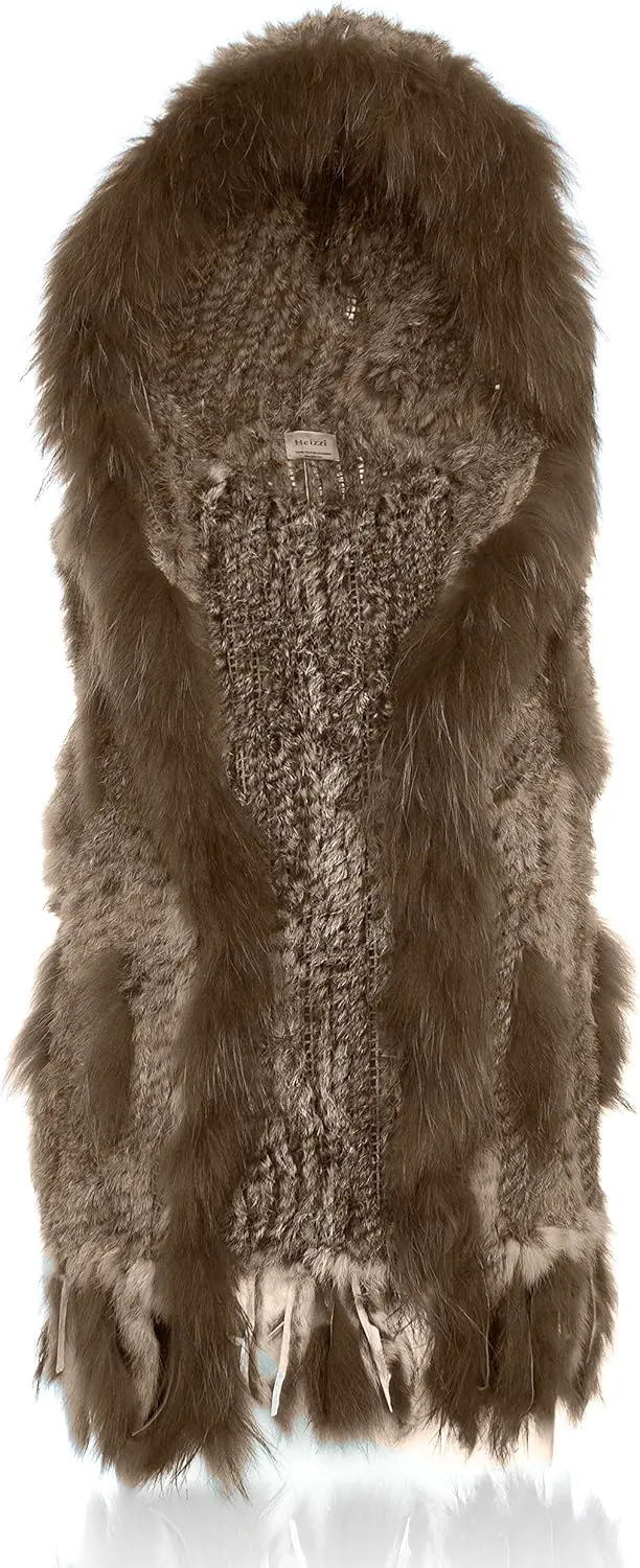Genuine Rabbit Fur Coat for Women With Raccoon Trim Collar, Hooded Vest, Soft and Comfortable