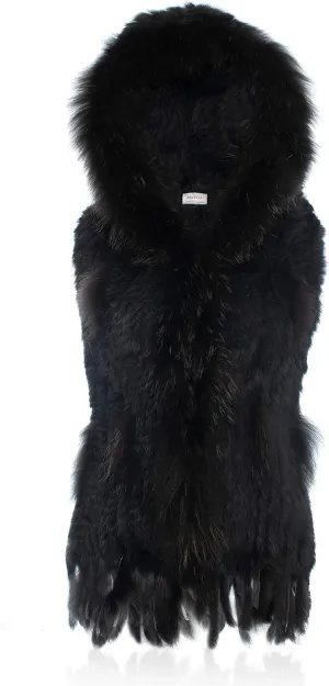 Genuine Rabbit Fur Coat for Women With Raccoon Trim Collar, Hooded Vest, Soft and Comfortable