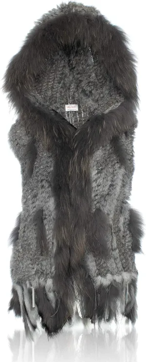Genuine Rabbit Fur Coat for Women With Raccoon Trim Collar, Hooded Vest, Soft and Comfortable