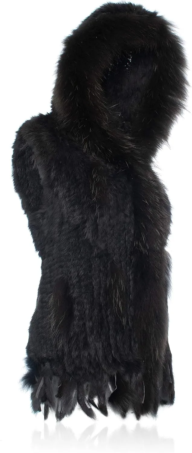 Genuine Rabbit Fur Coat for Women With Raccoon Trim Collar, Hooded Vest, Soft and Comfortable