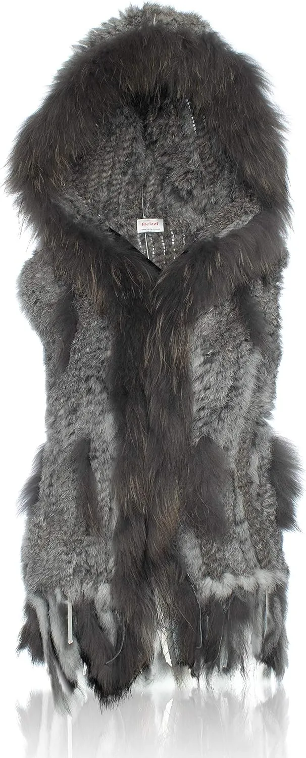 Genuine Rabbit Fur Coat for Women With Raccoon Trim Collar, Hooded Vest, Soft and Comfortable