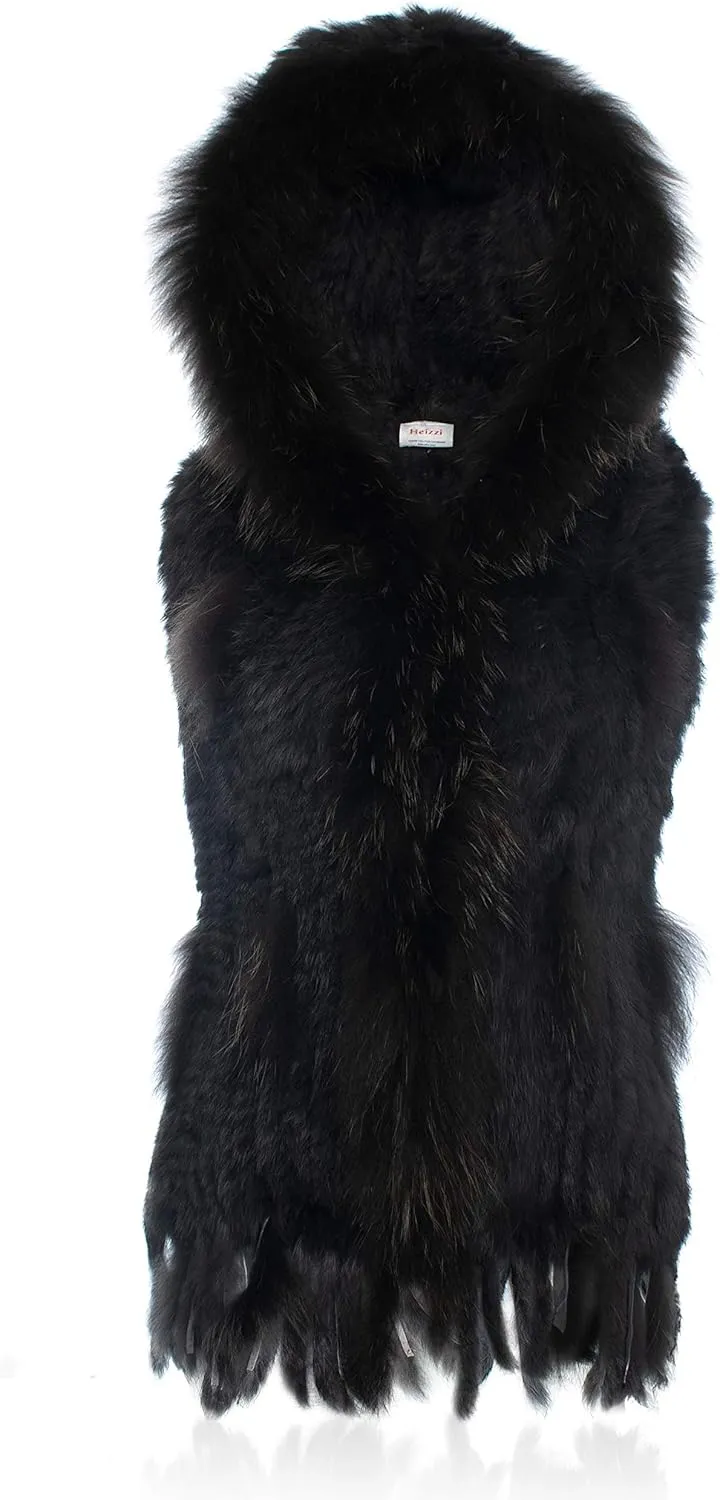 Genuine Rabbit Fur Coat for Women With Raccoon Trim Collar, Hooded Vest, Soft and Comfortable