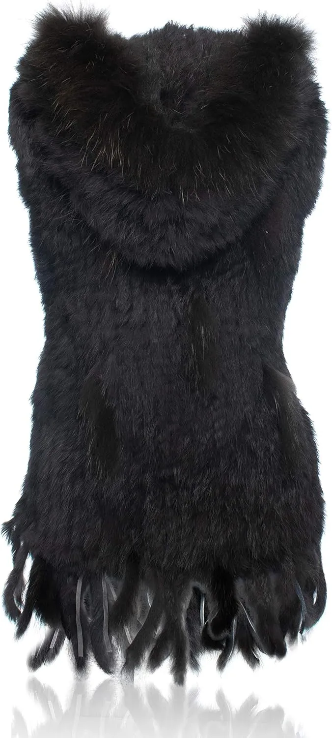 Genuine Rabbit Fur Coat for Women With Raccoon Trim Collar, Hooded Vest, Soft and Comfortable