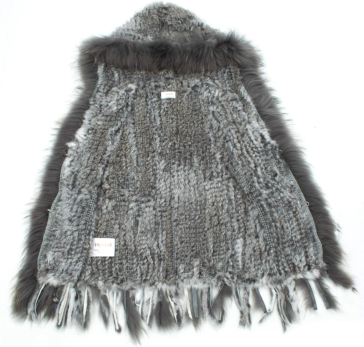 Genuine Rabbit Fur Coat for Women With Raccoon Trim Collar, Hooded Vest, Soft and Comfortable