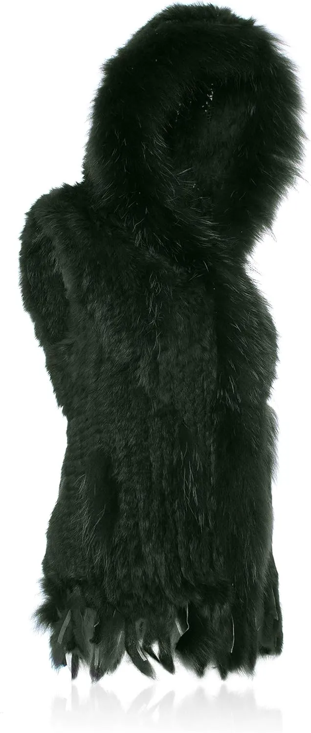 Genuine Rabbit Fur Coat for Women With Raccoon Trim Collar, Hooded Vest, Soft and Comfortable