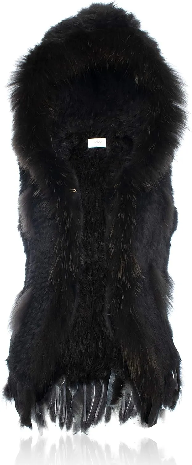 Genuine Rabbit Fur Coat for Women With Raccoon Trim Collar, Hooded Vest, Soft and Comfortable