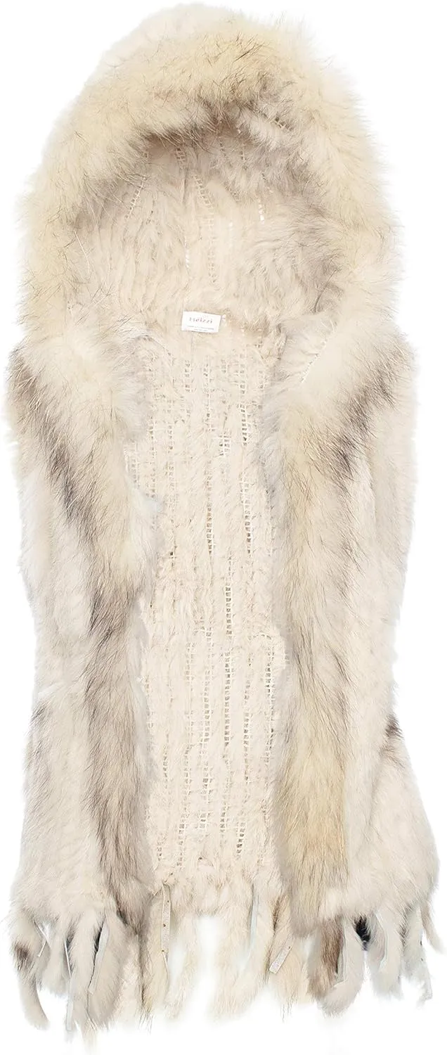 Genuine Rabbit Fur Coat for Women With Raccoon Trim Collar, Hooded Vest, Soft and Comfortable