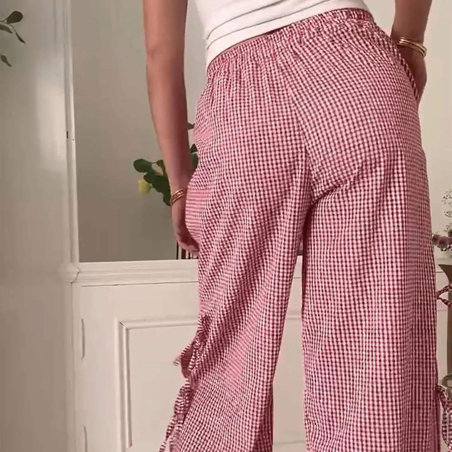 Giraropa Women Y2K Pajama Pants Bow Tie Side Loose Trousers Striped Lounge Pants High Waist Wide Leg Sweatpants Bottoms