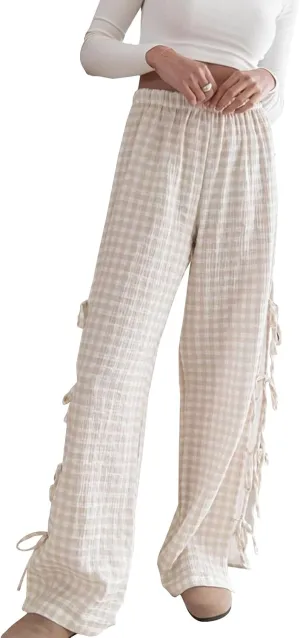 Giraropa Women Y2K Pajama Pants Bow Tie Side Loose Trousers Striped Lounge Pants High Waist Wide Leg Sweatpants Bottoms