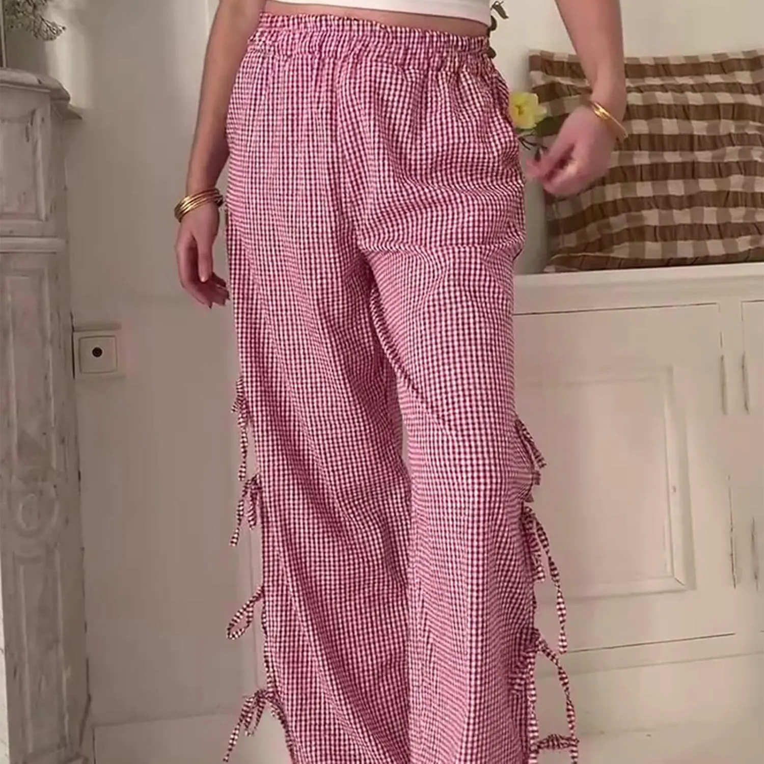 Giraropa Women Y2K Pajama Pants Bow Tie Side Loose Trousers Striped Lounge Pants High Waist Wide Leg Sweatpants Bottoms