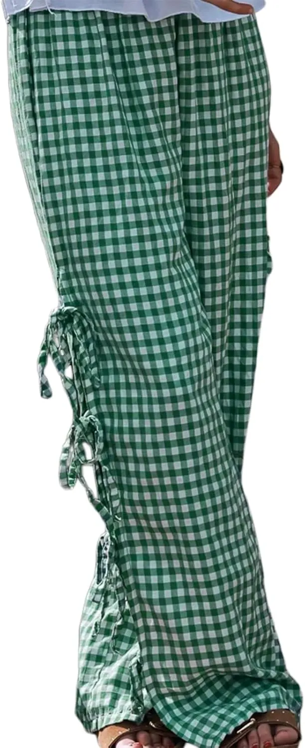 Giraropa Women Y2K Pajama Pants Bow Tie Side Loose Trousers Striped Lounge Pants High Waist Wide Leg Sweatpants Bottoms