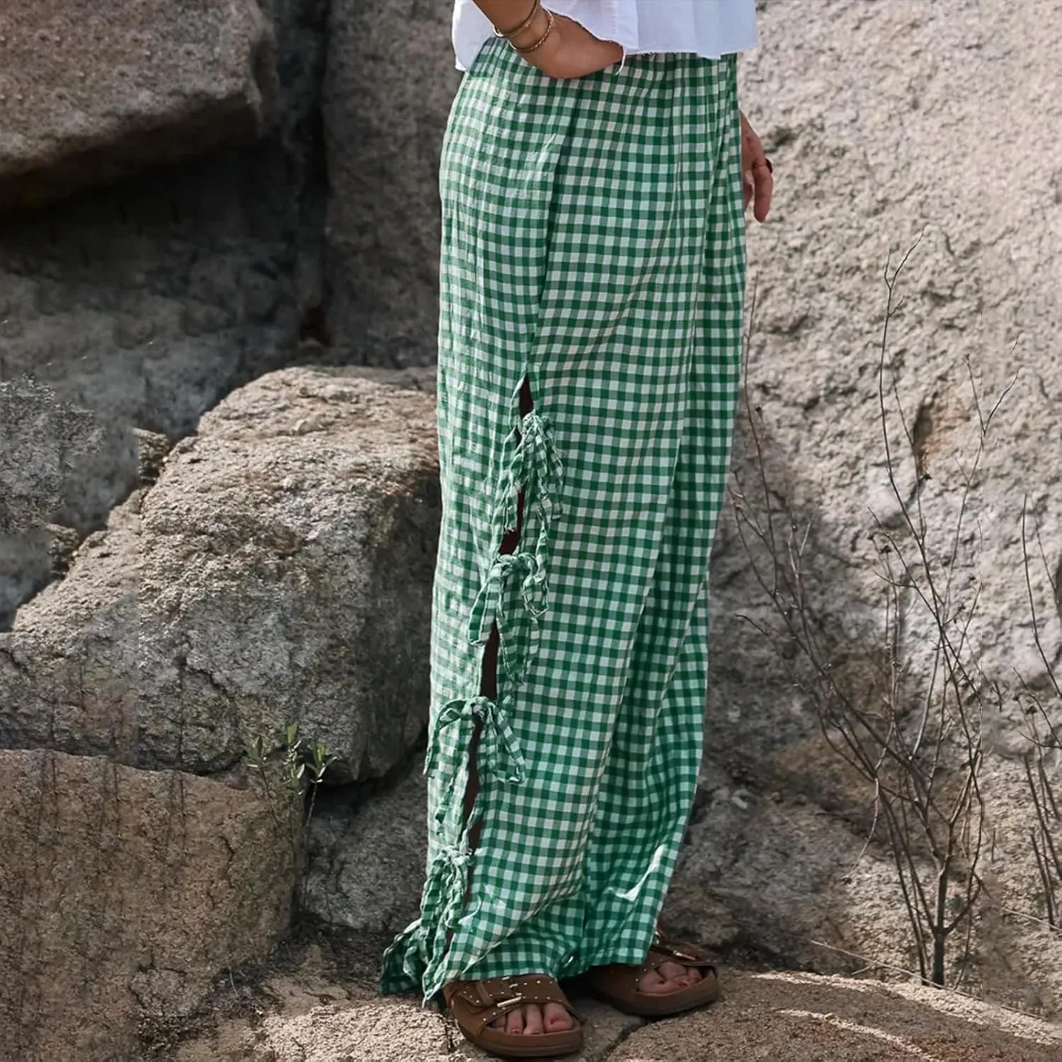 Giraropa Women Y2K Pajama Pants Bow Tie Side Loose Trousers Striped Lounge Pants High Waist Wide Leg Sweatpants Bottoms