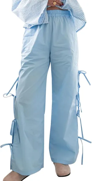 Giraropa Women Y2K Pajama Pants Bow Tie Side Loose Trousers Striped Lounge Pants High Waist Wide Leg Sweatpants Bottoms