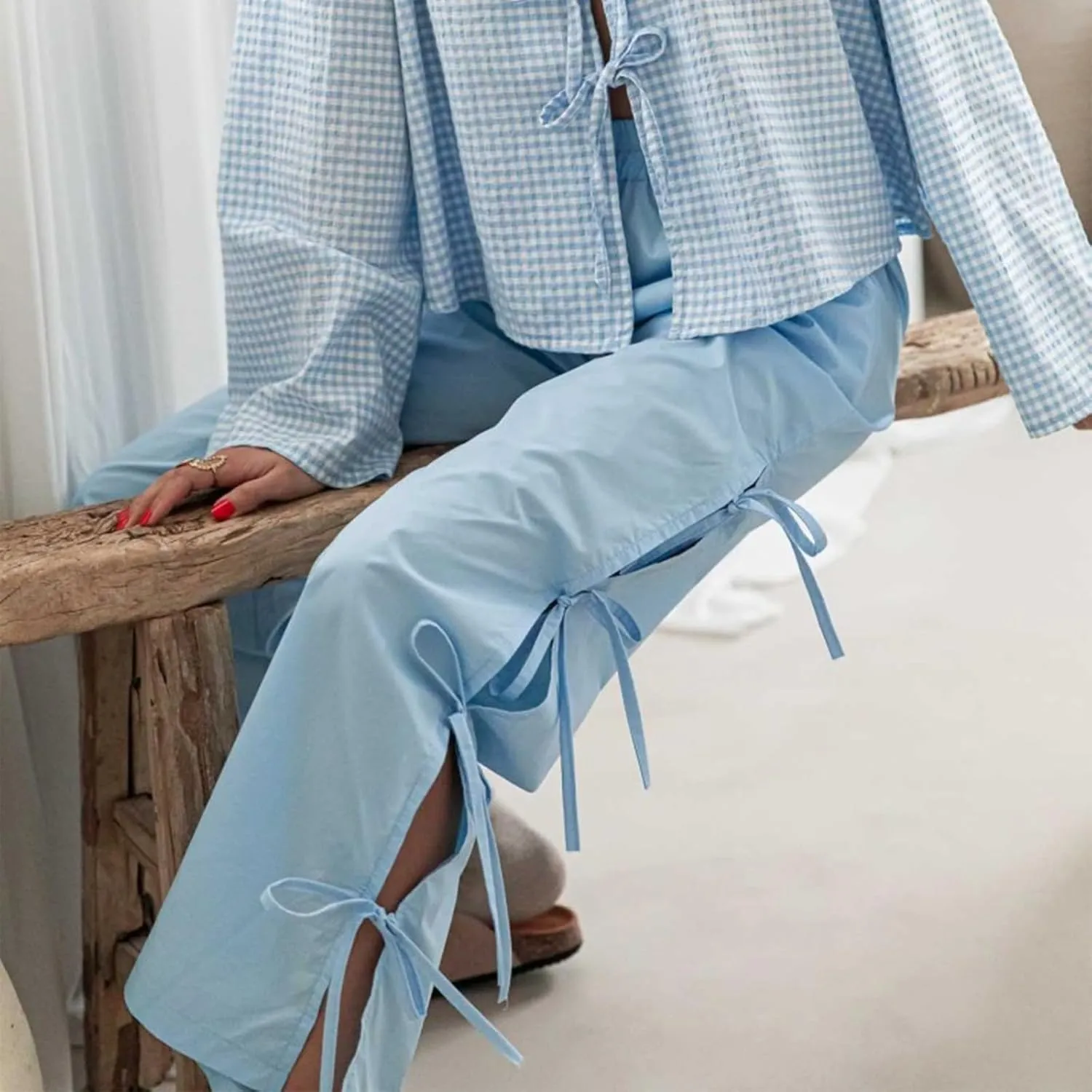 Giraropa Women Y2K Pajama Pants Bow Tie Side Loose Trousers Striped Lounge Pants High Waist Wide Leg Sweatpants Bottoms