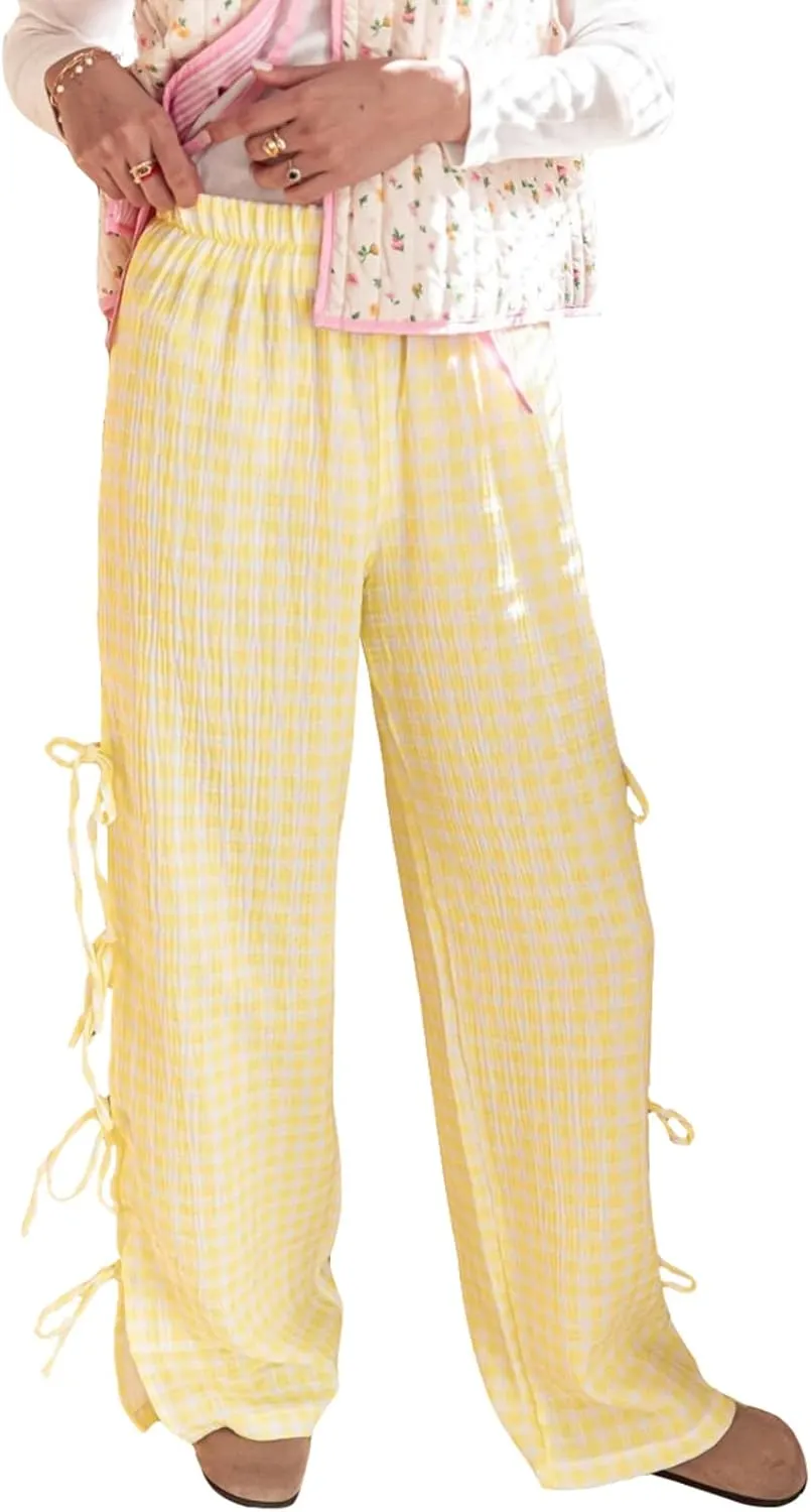 Giraropa Women Y2K Pajama Pants Bow Tie Side Loose Trousers Striped Lounge Pants High Waist Wide Leg Sweatpants Bottoms