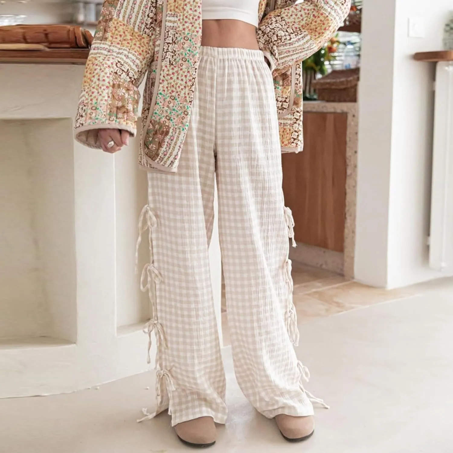 Giraropa Women Y2K Pajama Pants Bow Tie Side Loose Trousers Striped Lounge Pants High Waist Wide Leg Sweatpants Bottoms