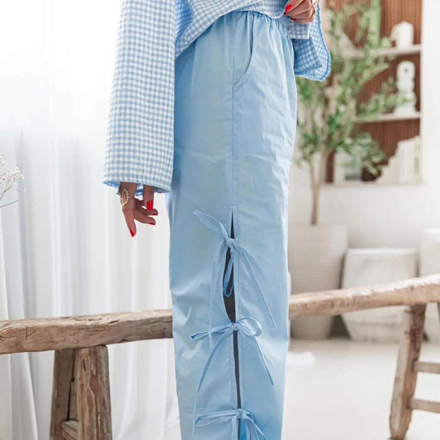 Giraropa Women Y2K Pajama Pants Bow Tie Side Loose Trousers Striped Lounge Pants High Waist Wide Leg Sweatpants Bottoms