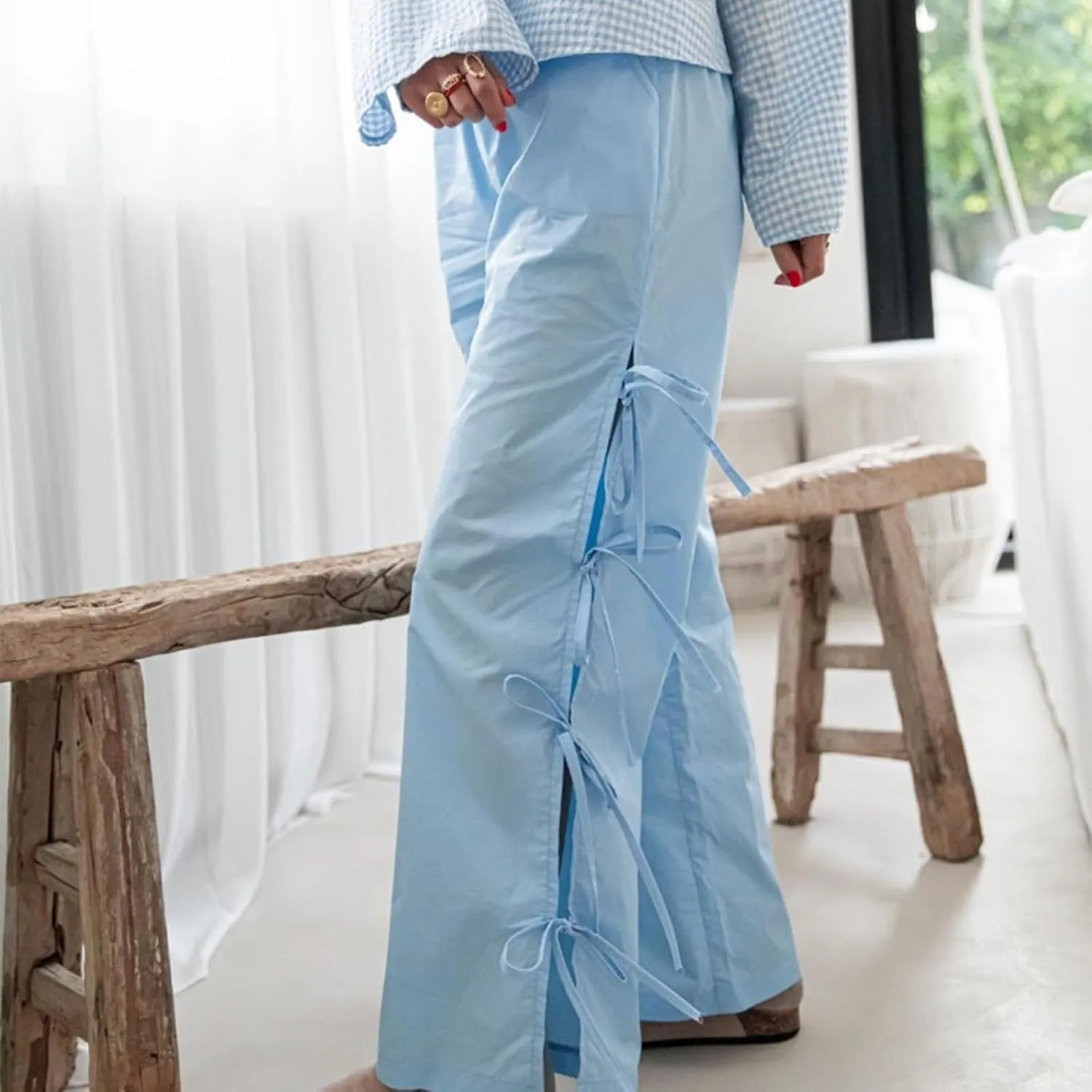 Giraropa Women Y2K Pajama Pants Bow Tie Side Loose Trousers Striped Lounge Pants High Waist Wide Leg Sweatpants Bottoms