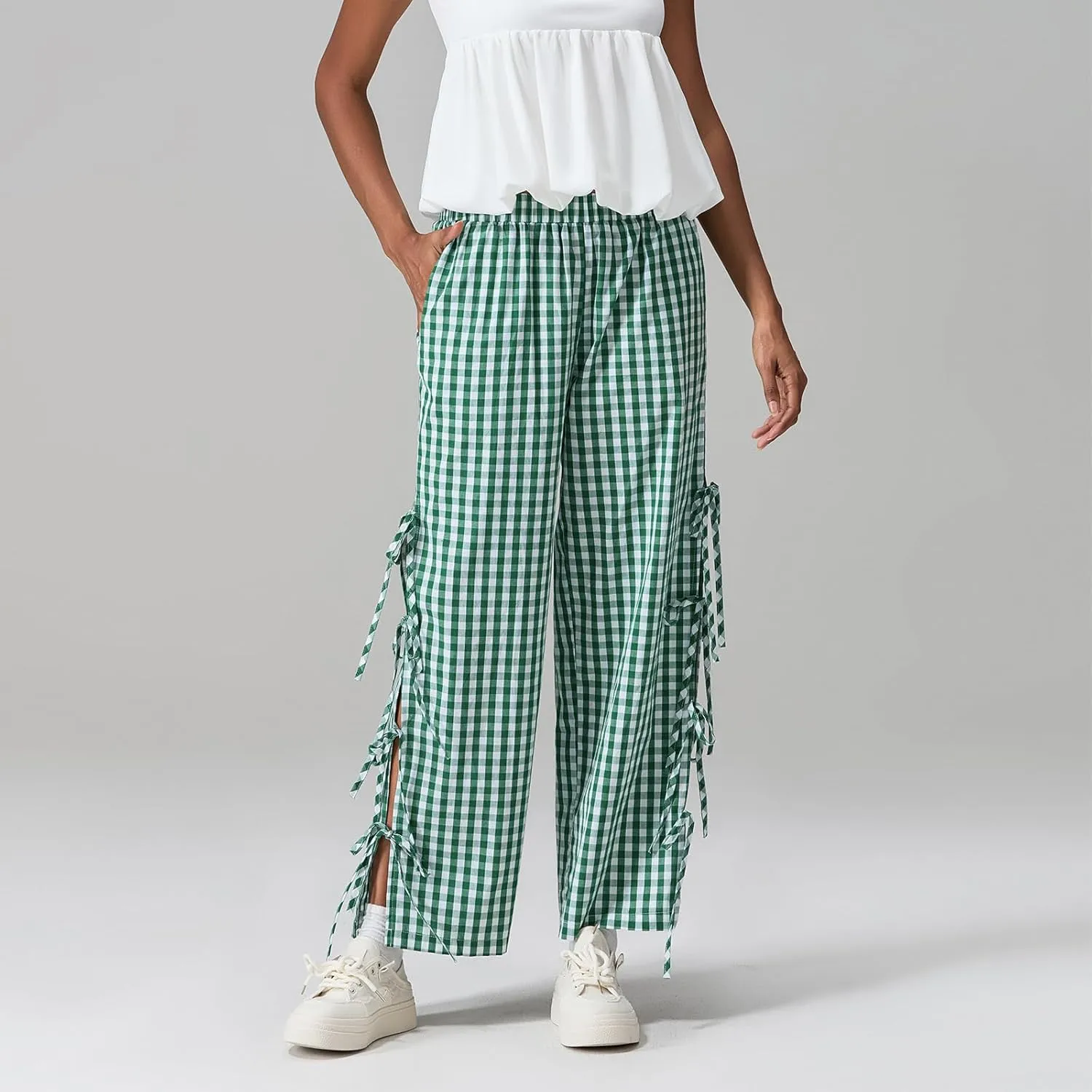 Giraropa Women Y2K Pajama Pants Bow Tie Side Loose Trousers Striped Lounge Pants High Waist Wide Leg Sweatpants Bottoms
