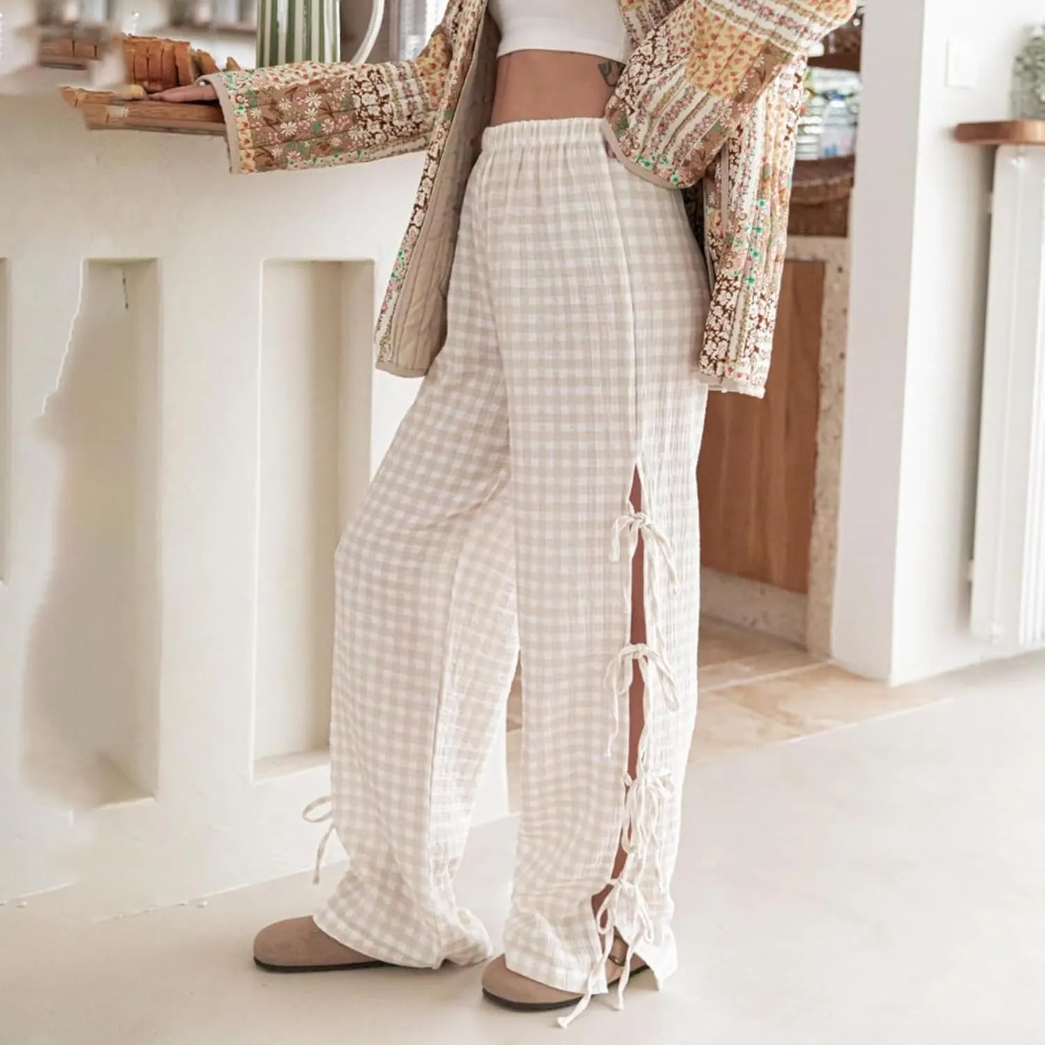 Giraropa Women Y2K Pajama Pants Bow Tie Side Loose Trousers Striped Lounge Pants High Waist Wide Leg Sweatpants Bottoms