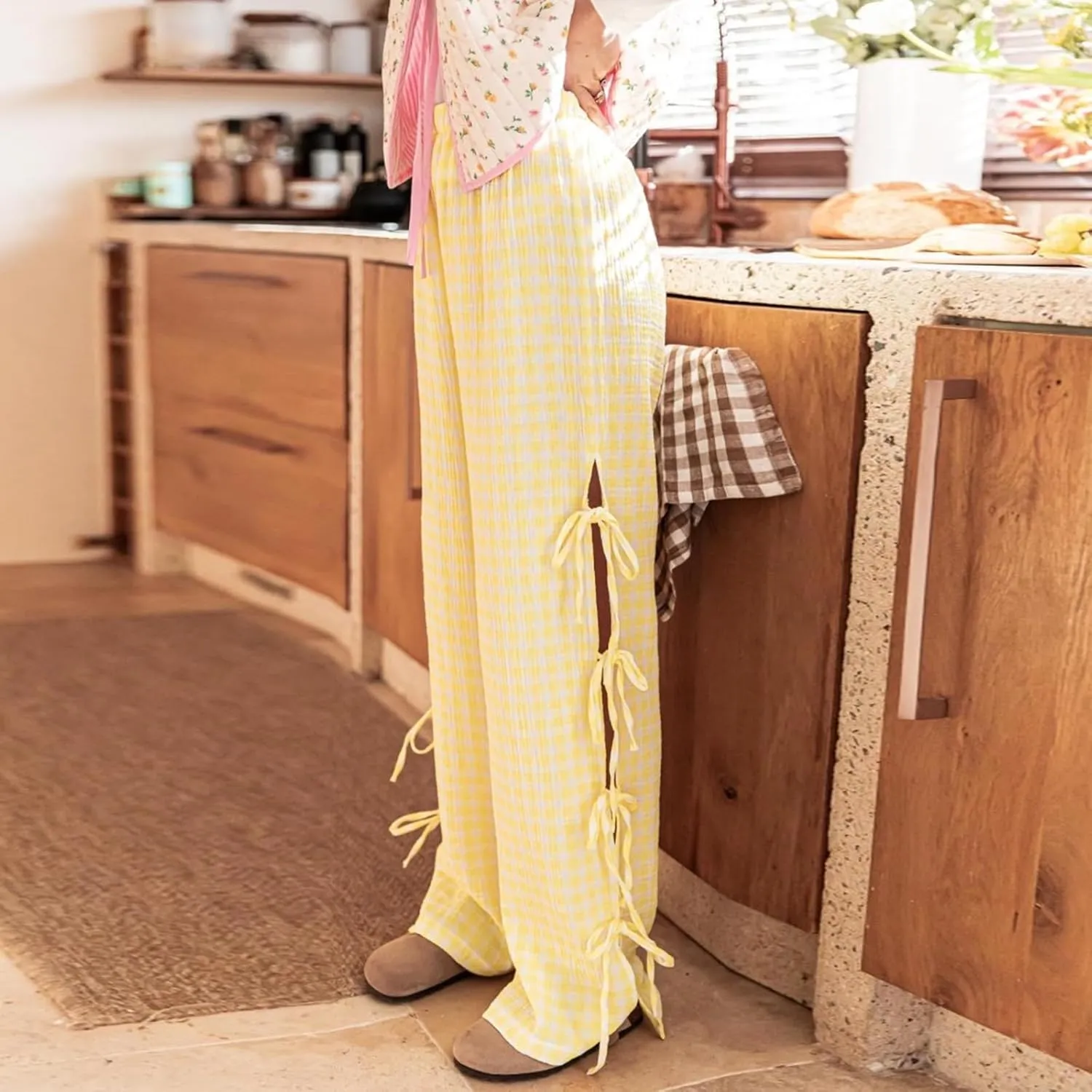 Giraropa Women Y2K Pajama Pants Bow Tie Side Loose Trousers Striped Lounge Pants High Waist Wide Leg Sweatpants Bottoms