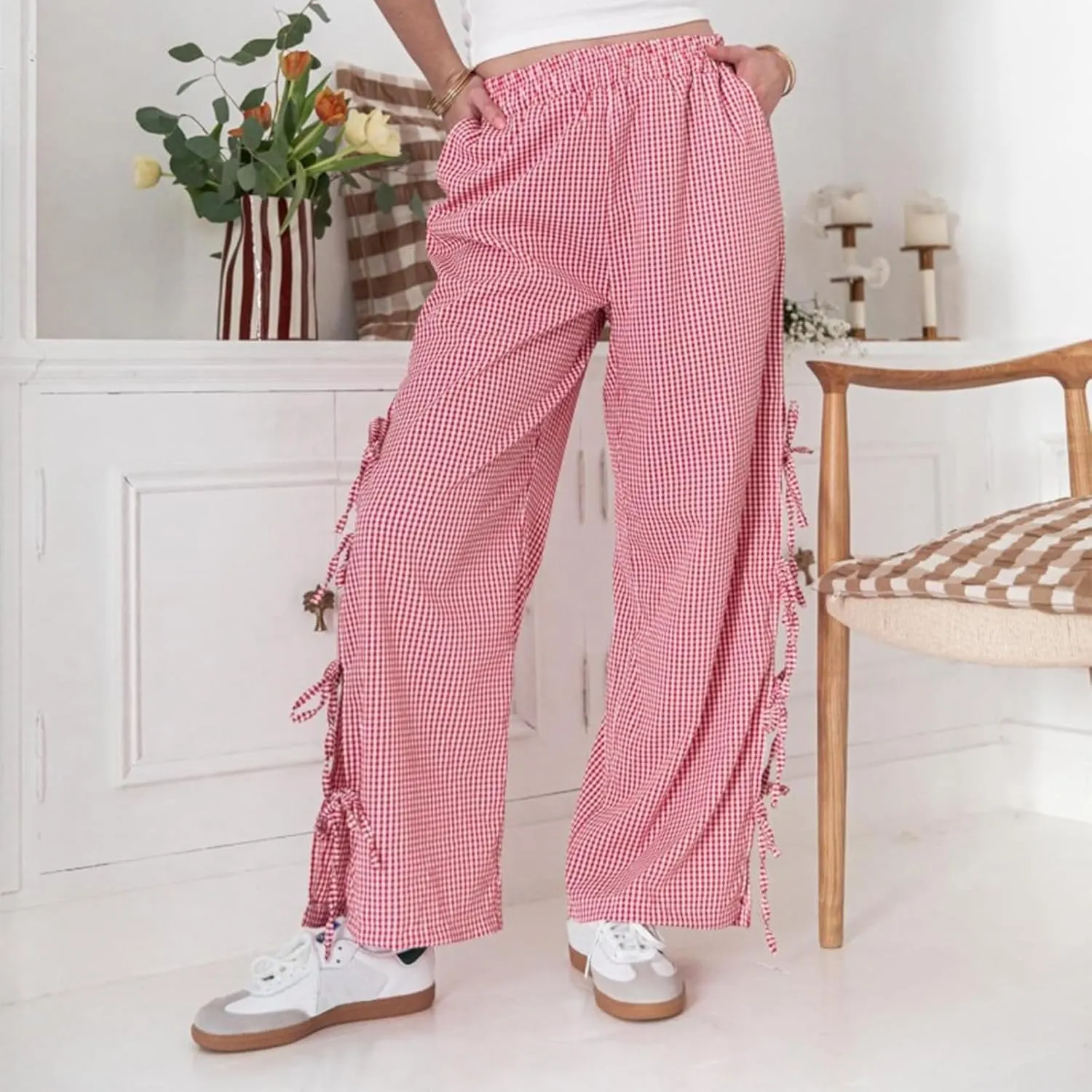 Giraropa Women Y2K Pajama Pants Bow Tie Side Loose Trousers Striped Lounge Pants High Waist Wide Leg Sweatpants Bottoms