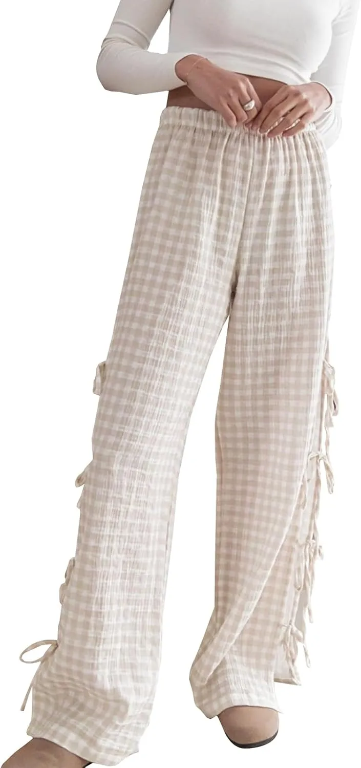 Giraropa Women Y2K Pajama Pants Bow Tie Side Loose Trousers Striped Lounge Pants High Waist Wide Leg Sweatpants Bottoms