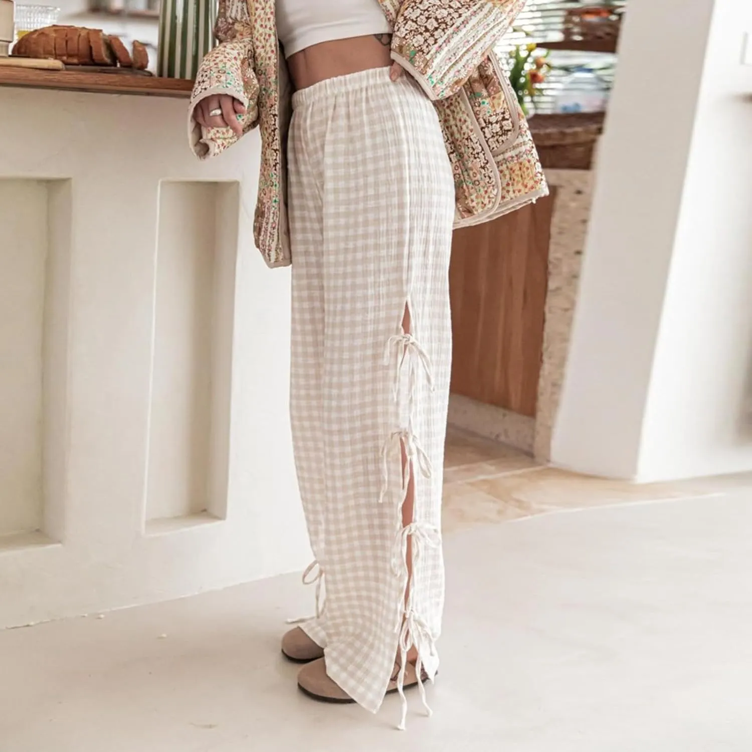 Giraropa Women Y2K Pajama Pants Bow Tie Side Loose Trousers Striped Lounge Pants High Waist Wide Leg Sweatpants Bottoms
