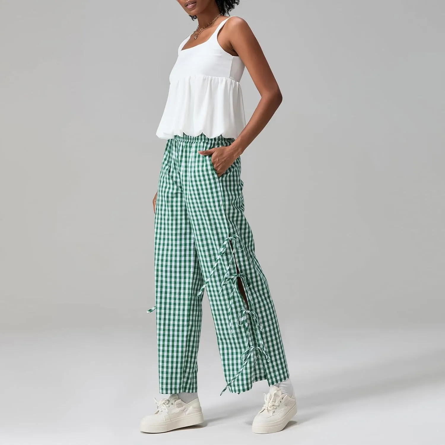 Giraropa Women Y2K Pajama Pants Bow Tie Side Loose Trousers Striped Lounge Pants High Waist Wide Leg Sweatpants Bottoms