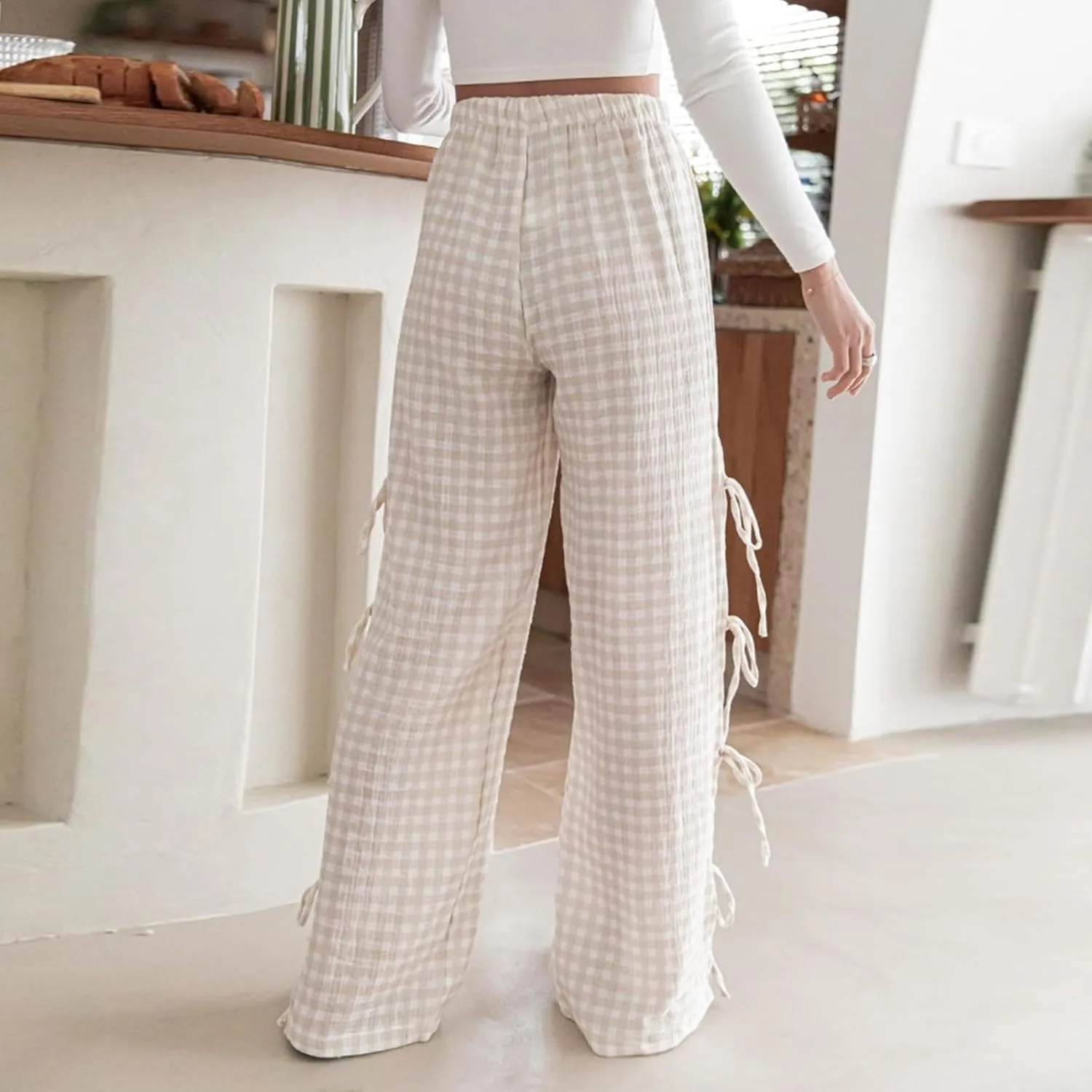 Giraropa Women Y2K Pajama Pants Bow Tie Side Loose Trousers Striped Lounge Pants High Waist Wide Leg Sweatpants Bottoms
