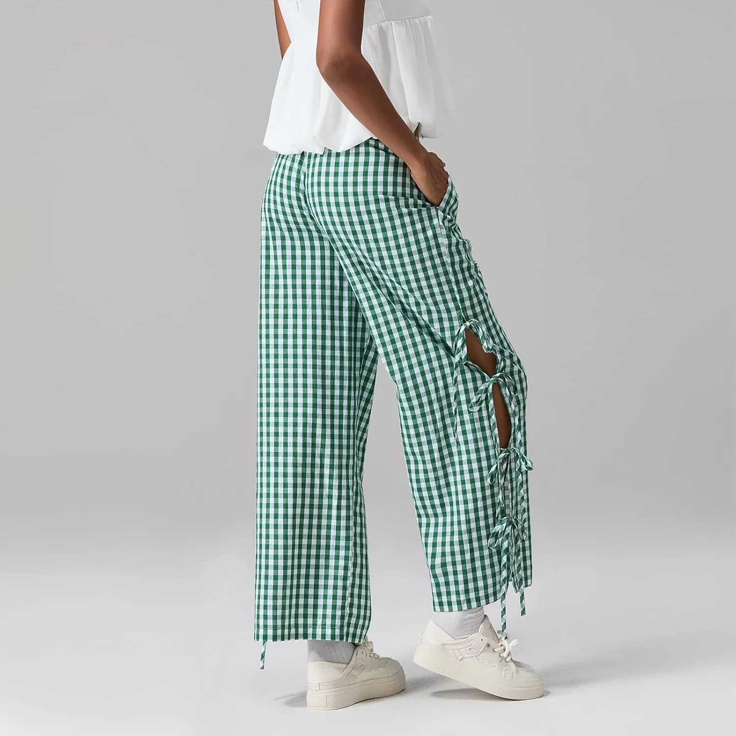 Giraropa Women Y2K Pajama Pants Bow Tie Side Loose Trousers Striped Lounge Pants High Waist Wide Leg Sweatpants Bottoms