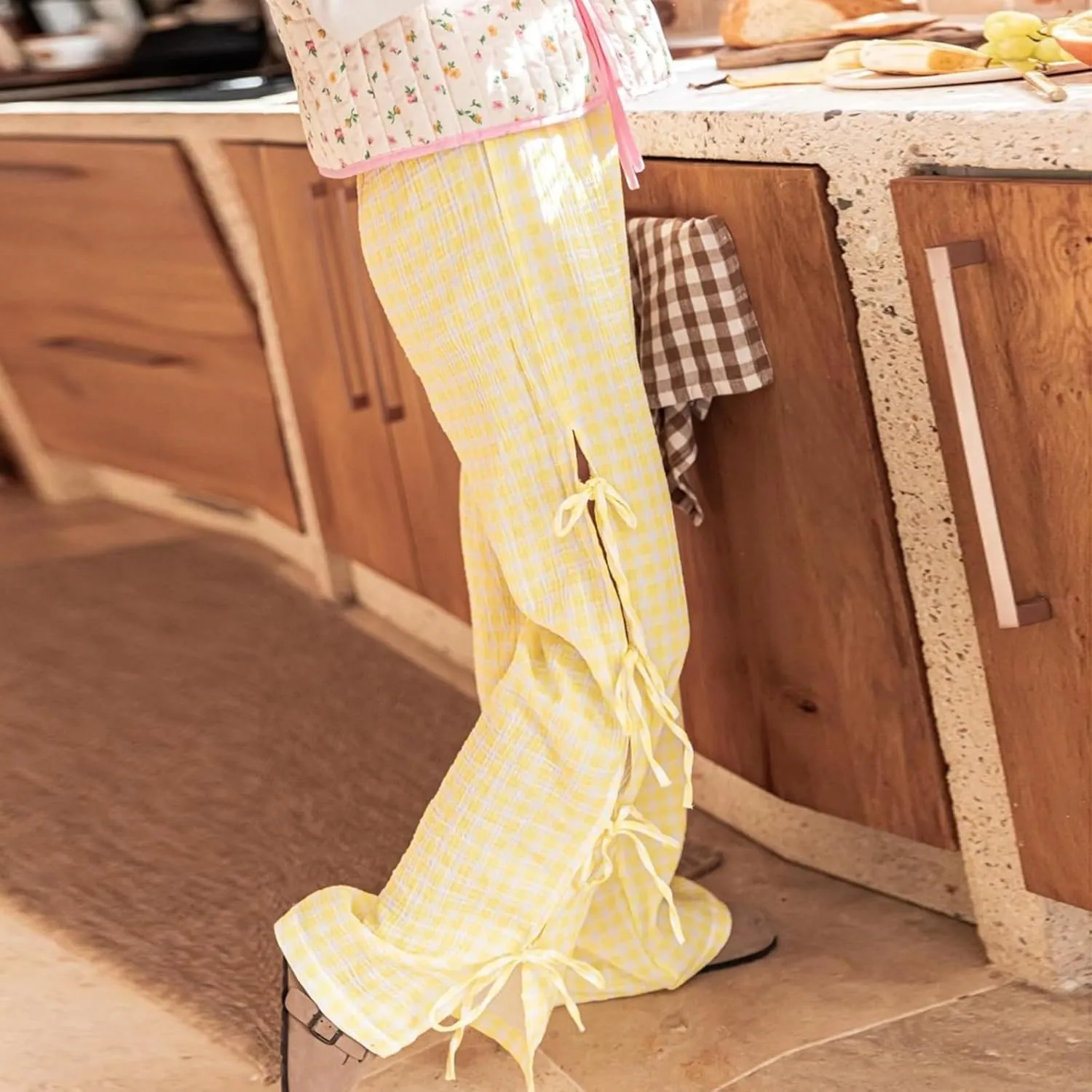 Giraropa Women Y2K Pajama Pants Bow Tie Side Loose Trousers Striped Lounge Pants High Waist Wide Leg Sweatpants Bottoms