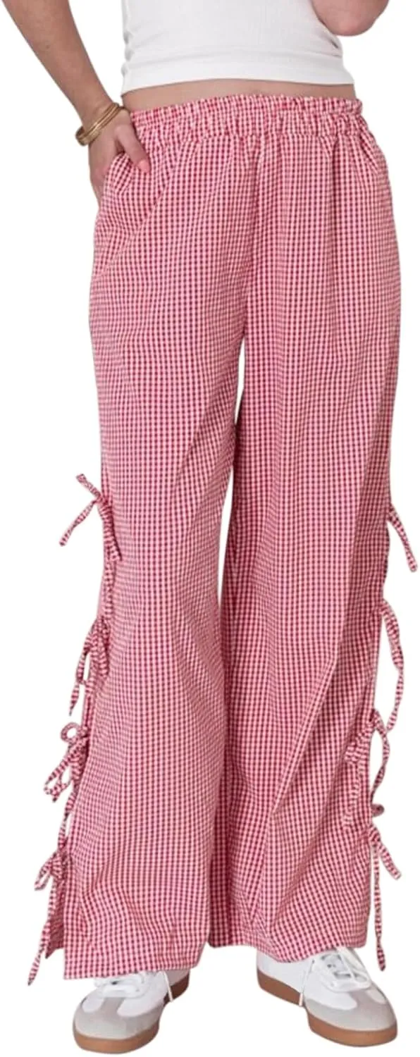 Giraropa Women Y2K Pajama Pants Bow Tie Side Loose Trousers Striped Lounge Pants High Waist Wide Leg Sweatpants Bottoms