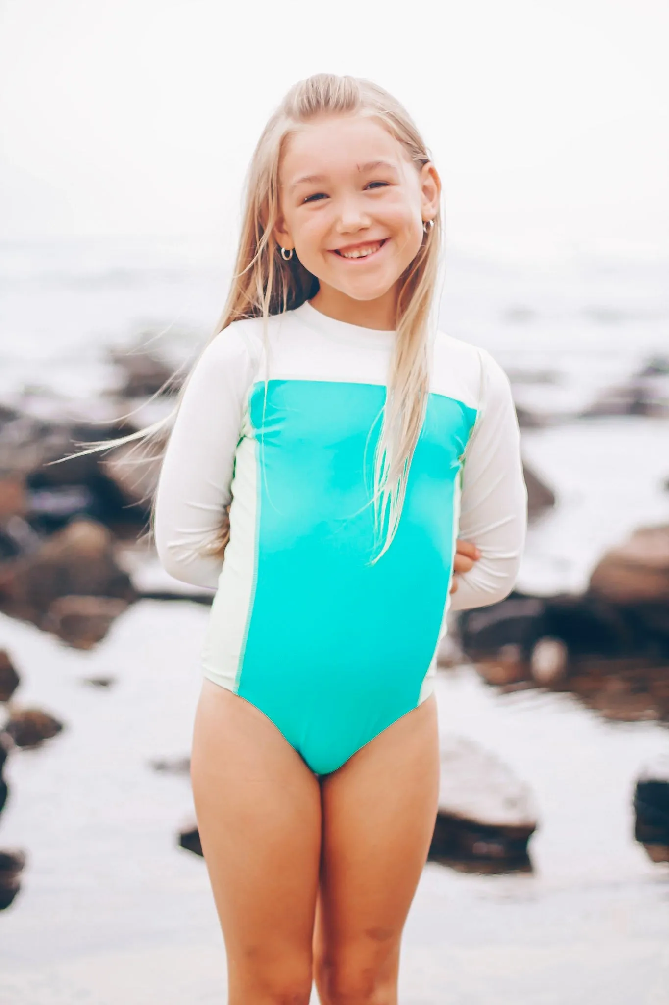 Girls Long Sleeve Surf Suit (One Piece Bodysuit) | "Aqua"