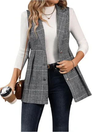 GORGLITTER Women's Plaid Sleeveless Long Vest Cardigan Business Casual Work Fall Blazers Outfits For Women 2024