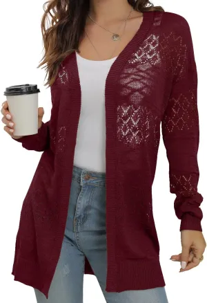 GRECERELLE Women's Lightweight Crochet Long Sleeve Loose Casual Open Front Cardigan Drape Sweaters Boho Summer Beach Coverups
