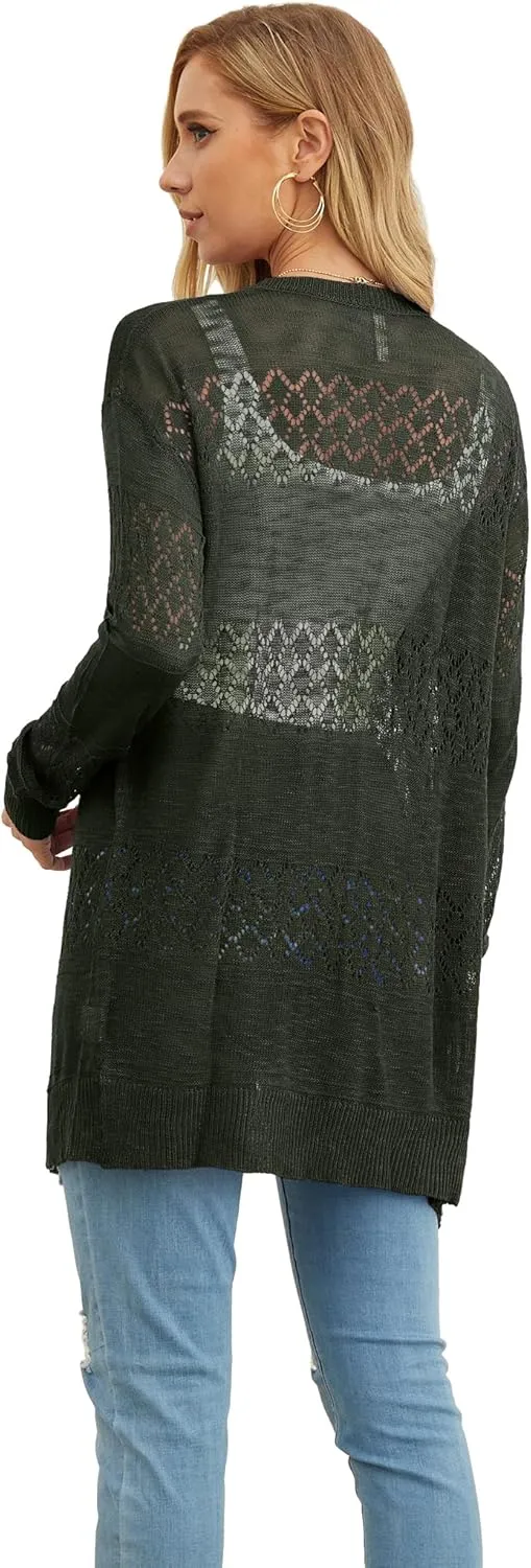 GRECERELLE Women's Lightweight Crochet Long Sleeve Loose Casual Open Front Cardigan Drape Sweaters Boho Summer Beach Coverups